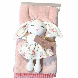 2025 Chick Pea Floral Bunny Pink Ribbed Trim Lovey Blanket Set 30" X 36" NEW
